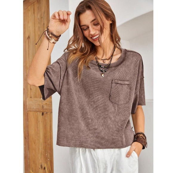Coffee Brown Cotton Oversized Tee Shirt Raw Hem and Inside Out Stitches - Picture 2 of 9